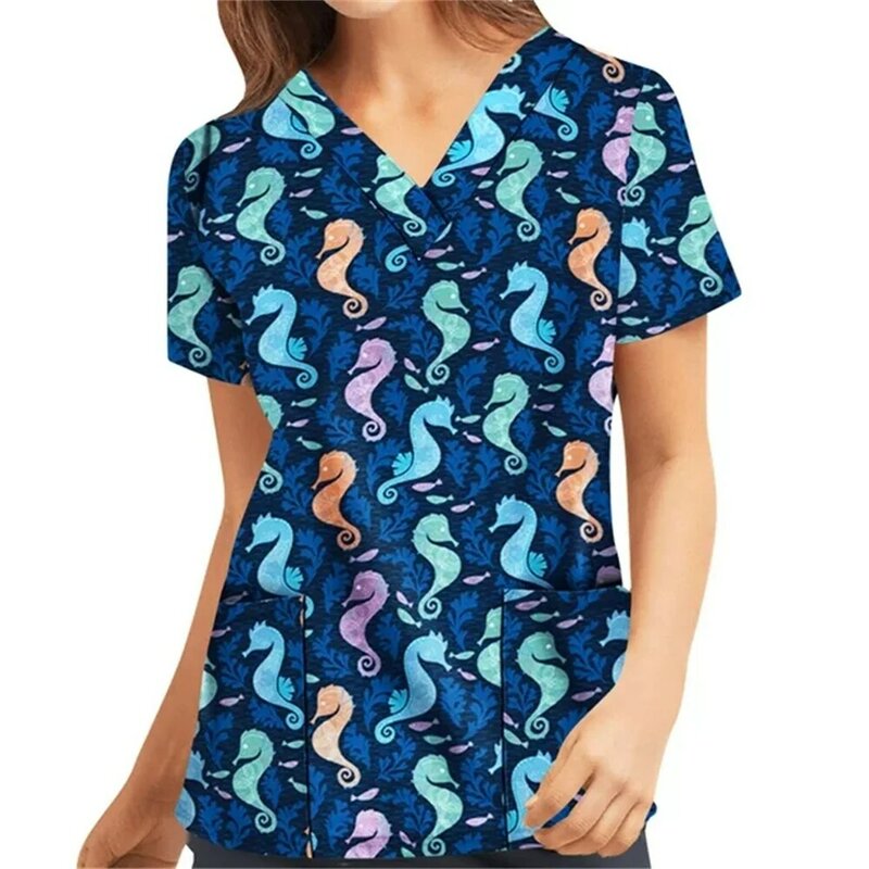 Nursing Uniform Women'S Working Uniform Woman Clothes Scrubs Top With Two Pockets Floral Printed Short Sleeve V-Neck Blouse Top