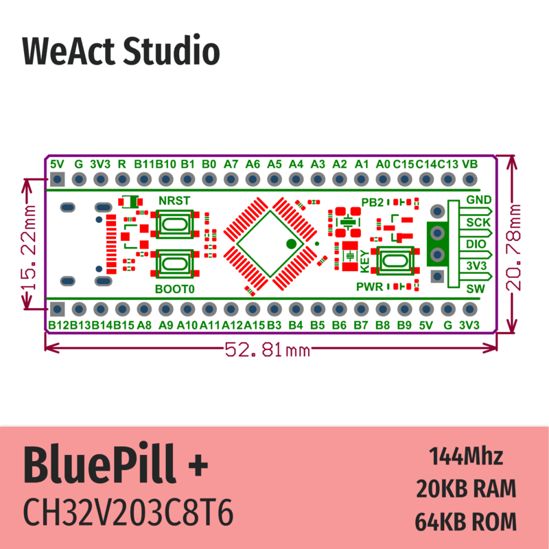 Placa do núcleo da baixa potência de Weact, Placa demo do RISC-V, CH32V203C8T6, CH32V203, CH32V2, CH32