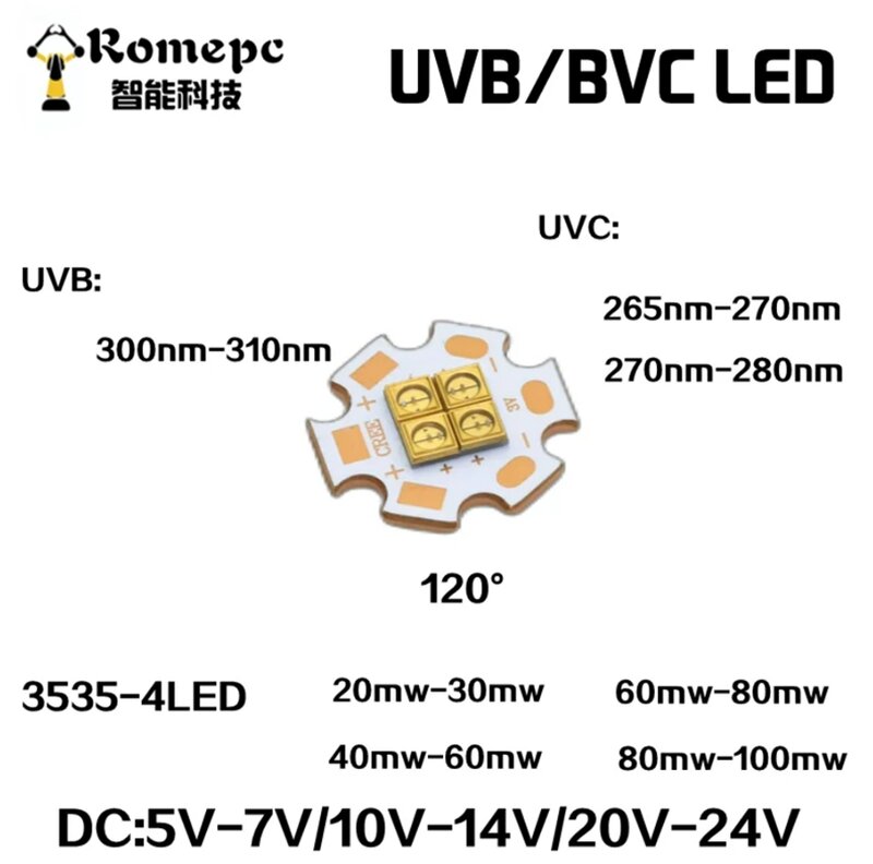 หลอด UV UV ลึก260nm270nm280nm290nm300nm LED UVC พลังงานสูง