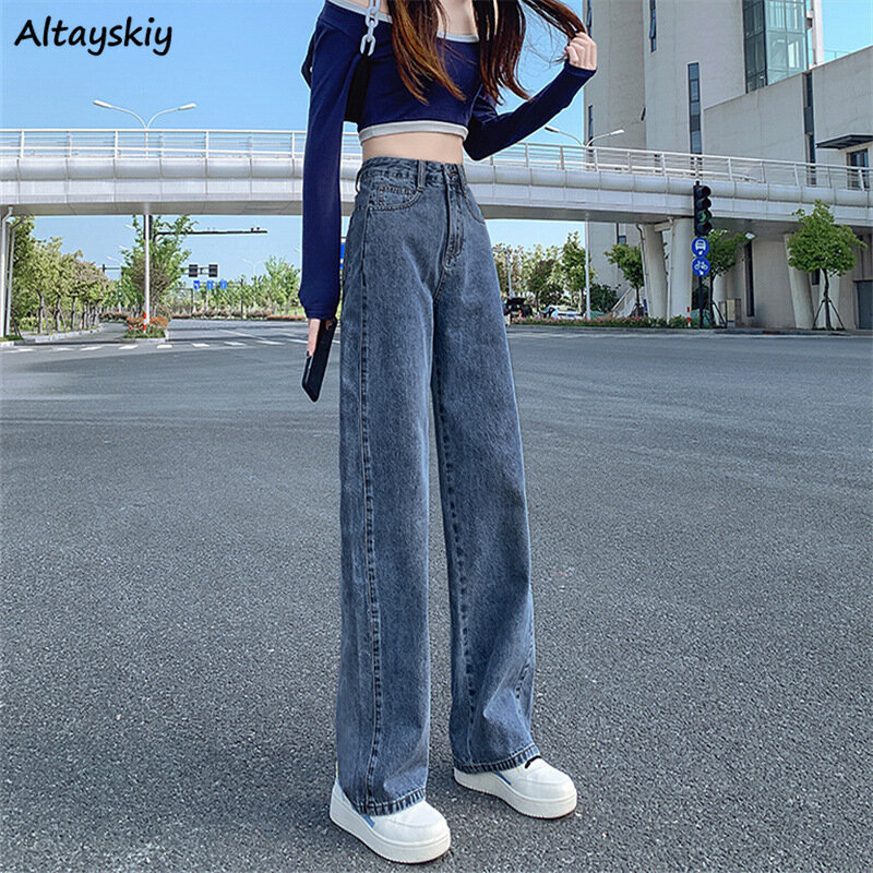 Celana jins wanita pinggang tinggi, celana jins lurus musim semi longgar klasik model Korea, pakaian jalanan panjang penuh sederhana untuk pelajar modis Chic