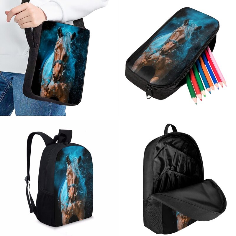Jackherelook – ensemble de sacs d'école pour étudiants, sac à dos de voyage décontracté avec impression de motifs de cheval artistique pour enfants et adolescents