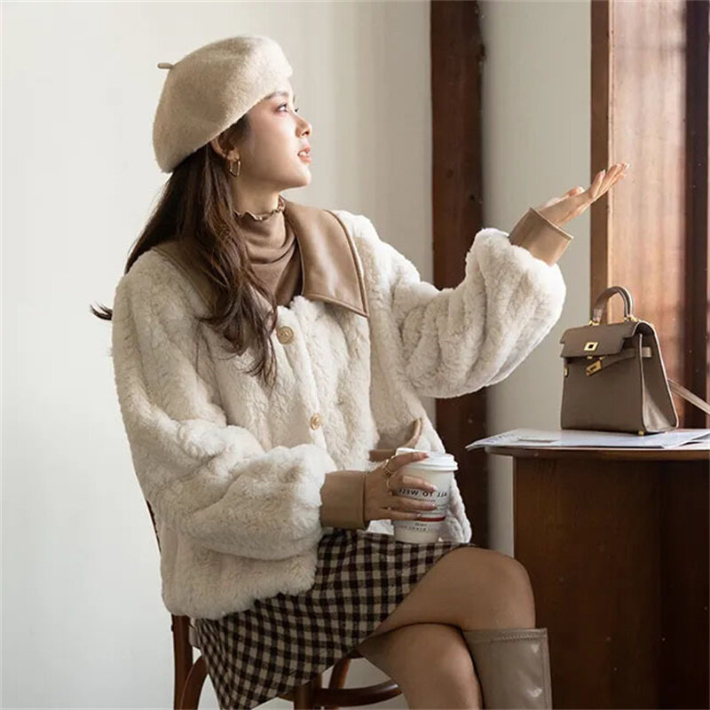 Jaqueta de couro patchwork feminina, lã de cordeiro, pele sintética, lapela, peito único, tops grossos, casacos glamorosos, streetwear, moda coreana