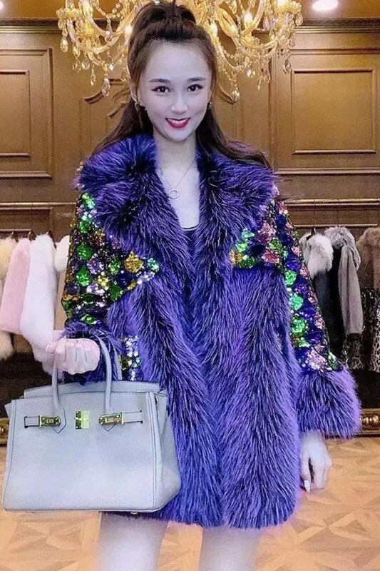 Abrigo de piel púrpura con lentejuelas y diamantes de imitación para mujer, chaqueta de lana Toka, cuello de piel informal suelto, abrigo grueso y cálido para invierno