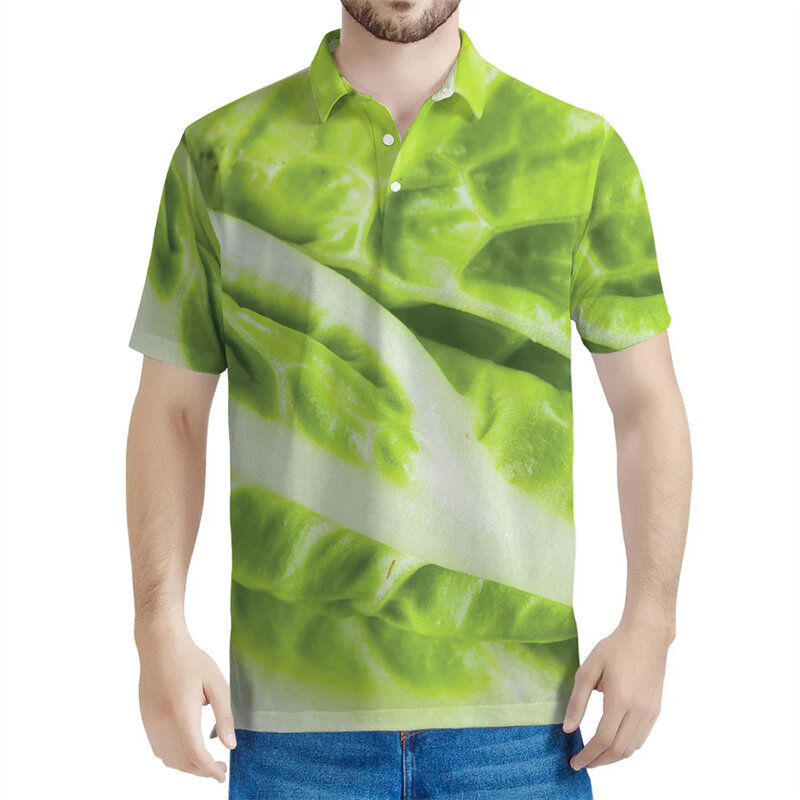 Kemeja Polo pola kubis untuk pria, kaus sayuran bercetak 3D kasual ukuran besar berkancing Lapel musim panas