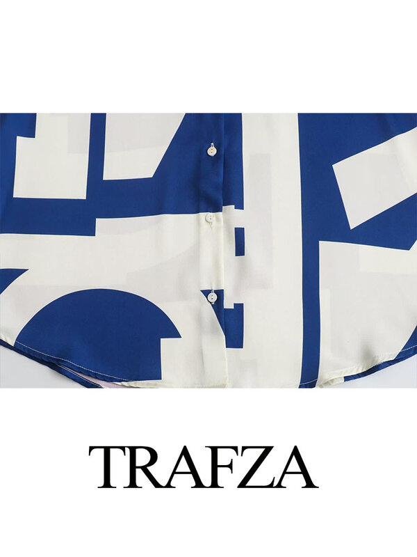 TRAFZA-Costumes Géométriques à Col Rabattu pour Femme, Chemises à Manches sulf, Simple Boutonnage, Pantalon à Lacets à Taille artificiel astique, Printemps 2024