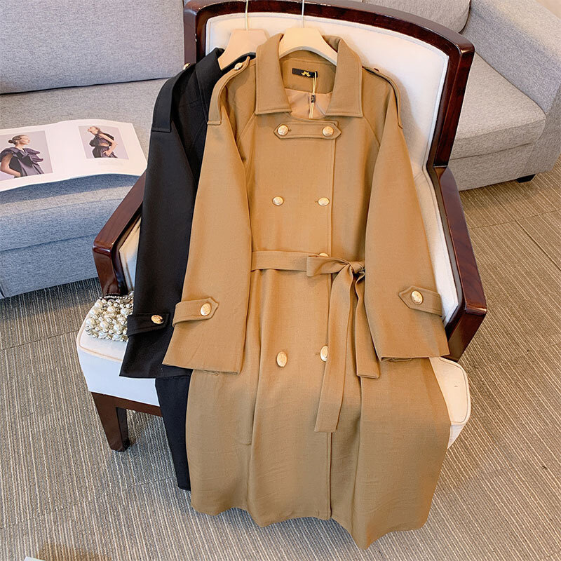플러스 사이즈 여성 코트 및 재킷, 중간 길이 트렌치 코트, 한국 패션, 겨울 의류, 여성 벨트 트렌치 코트, 9xl, 10xl