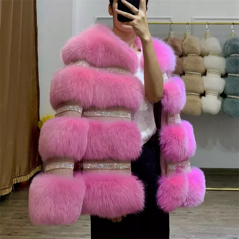 2024 nowa modna płaszcz z prawdziwego futra kurtka zimowa damska naturalne futro z lisa diamenty gruba ciepła odzież wierzchnia luksusowa marka Streetwear