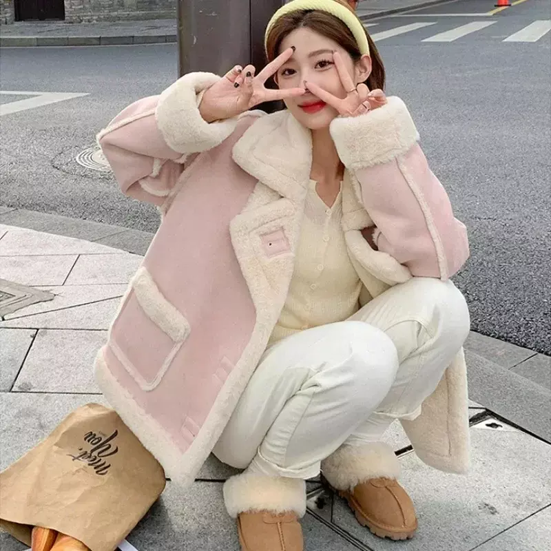 Jaket wanita, jaket perempuan musim dingin pendek imitasi bulu kasmir warna solid sambungan longgar lengan panjang versi Korea tebal baru