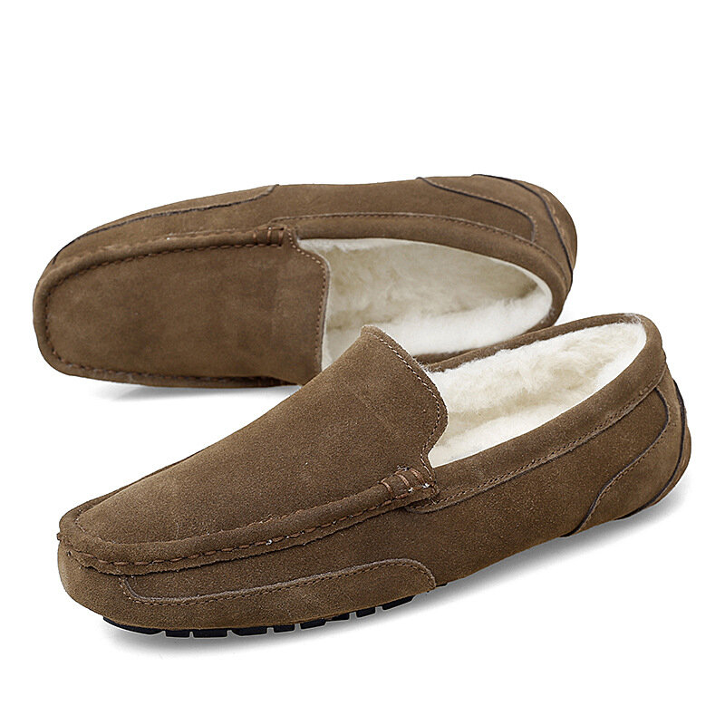 Zapatos informales de felpa para hombre, mocasines cómodos y transpirables de cuero de vaca, 38-47 talla grande, sin cordones, para invierno