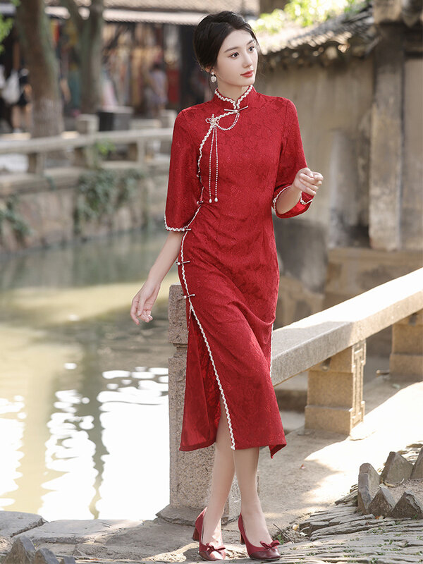 치파오 원피스 여성용 슬림 레이스 원단 자카드 스플라이싱 스탠드 칼라, 중국 스타일 치파오 드레스, 2024 가을 패션
