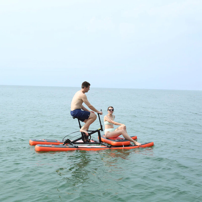 Funworldsport papan mainan air baru, peralatan bermain air tiup ponton danau laut papan tiup dengan sepeda