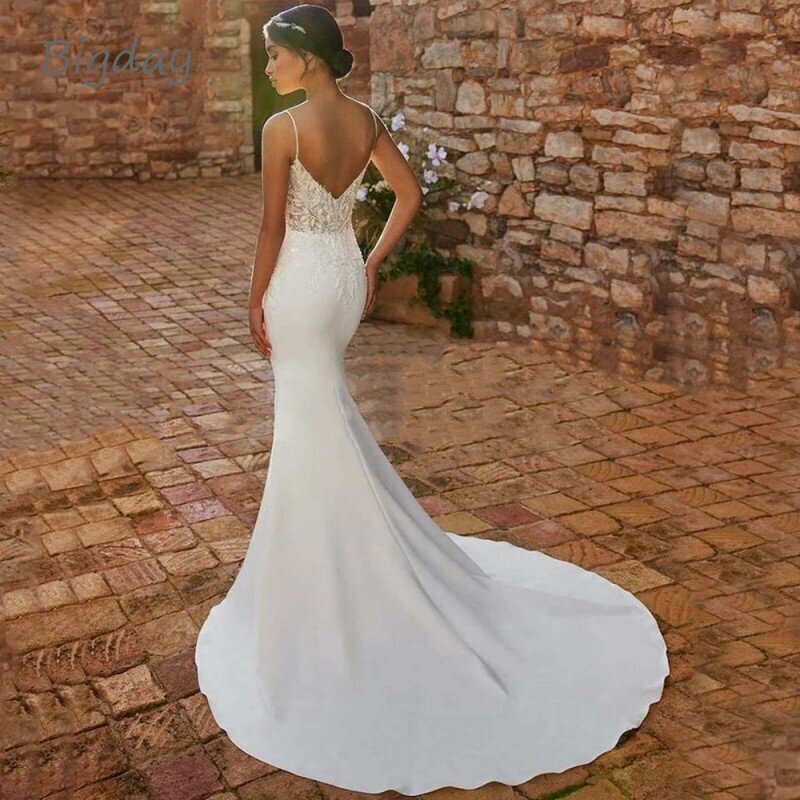 Elegante vestido de noiva sereia com renda aberta para mulheres, alças brancas de espaguete, vestidos de noiva