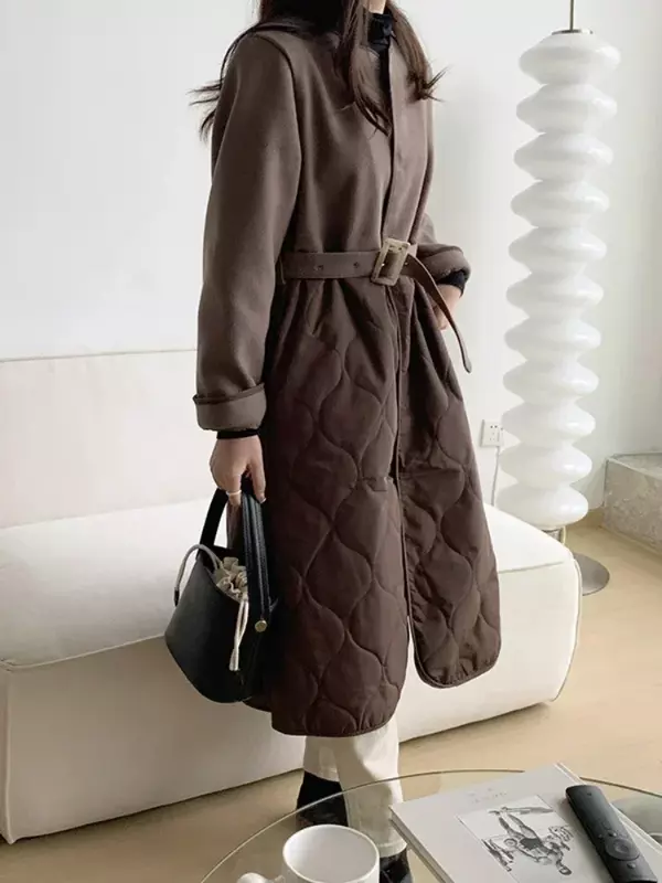 Jaqueta longa de algodão acolchoada feminina, Parkas de emenda, pescoço-O, peito único, cinto, moda coreana, vestuário, Tops, inverno