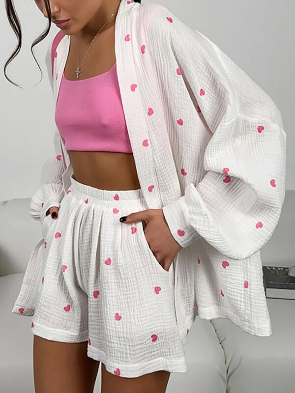 Cotton Suits Pajamas for Women 2 Piece Set Heart Print Long Sleeve Sleepwear Sashes Shorts Suit Summer Female Outfits Shorts Set