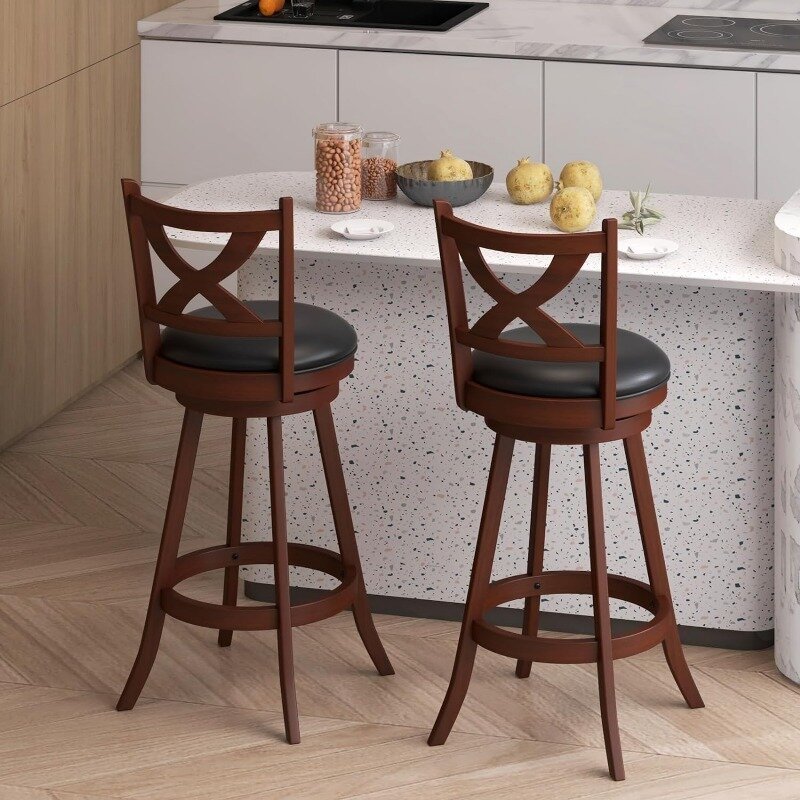 Stołki barowe zestaw stołków 2, 30 "z oparcia, solidna gumka rama drewniana, skórzanym wyściełanym siedziskiem, obrotowe stołki stołowe 360 °