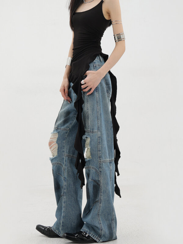 Y2k-pantalones vaqueros rasgados azules para mujer, ropa de calle holgada de pierna ancha, estética Vintage Harajuku, 2000s