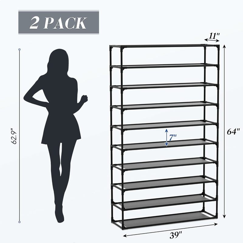 2 Pack 10-Tiers Shoe Rack Organizer, Sturdy Metal Pipes & Durable Non-Woven Fabric, Space Saving Tall Shoe Rack