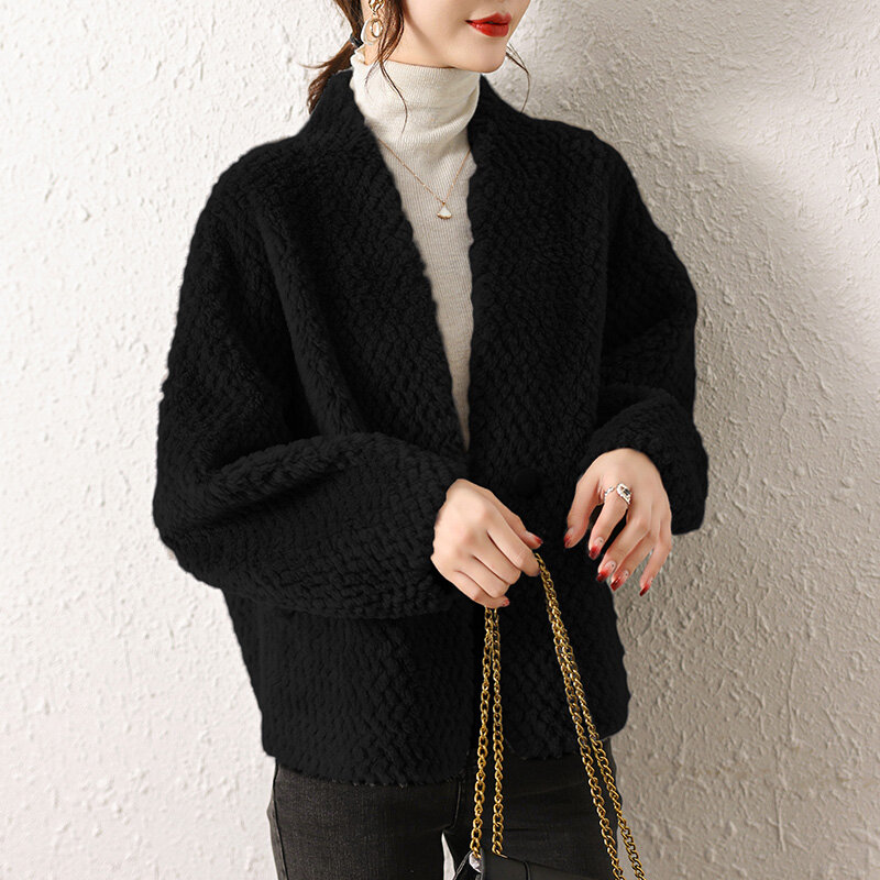 Coat Fur V-neck Fashion All-Match Work Casual Sheepskin Fur Integrated Women's Short Lambswool Fleece Soft Winter Style