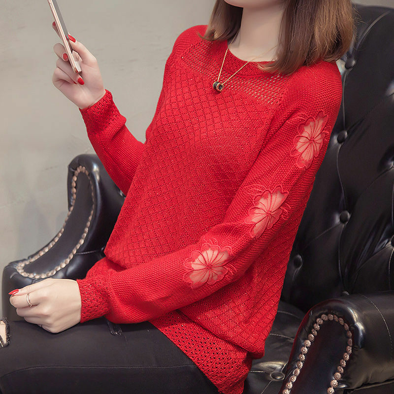 Suéter de manga larga informal para mujer, ropa de punto básica holgada de color liso con encaje calado Sexy, moda coreana, primavera y otoño