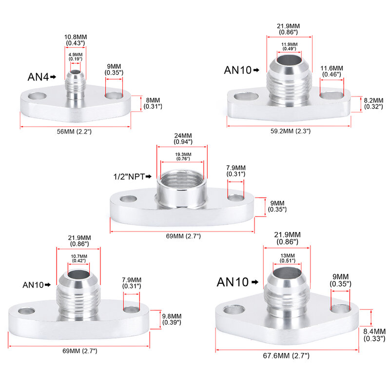 Kit de adaptador de brida de entrada y salida de drenaje de aceite Turbo NPT, AN4/10, 1/2 ", con junta para T3, T4, T25, T28, T30, T04B, T04E, GT30, GT28, GT55