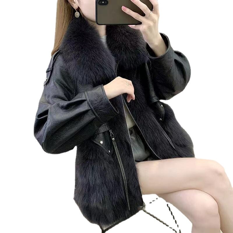 E outono inverno 2023 novo estilo imitação de pele feminina mais algodão engrossado casaco de couro jovem moda solto lã topo