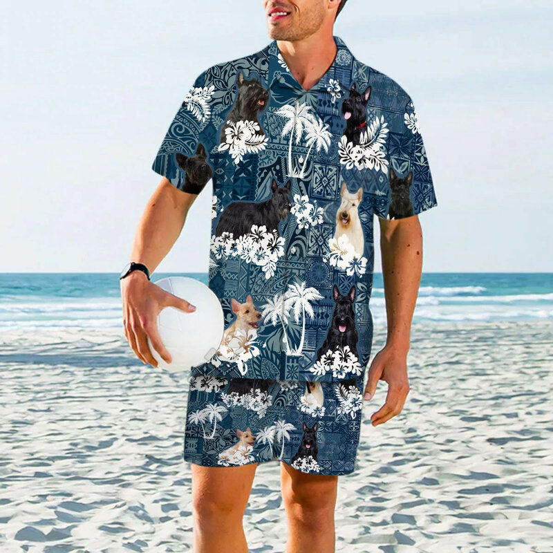 PLstar – ensemble chemise et short de plage pour homme et femme, imprimé en 3D, style hawaïen, amusant, chien, Schnauzer, été