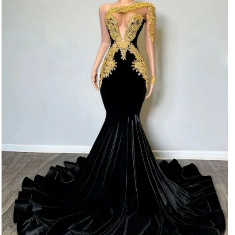 Czarne aksamitne suknie balowe o kroju syreny z długim rękawem przezroczysta siateczka błyszcząca złota koronkowa aplikacja suknia wieczorowa Vestidos De Noche