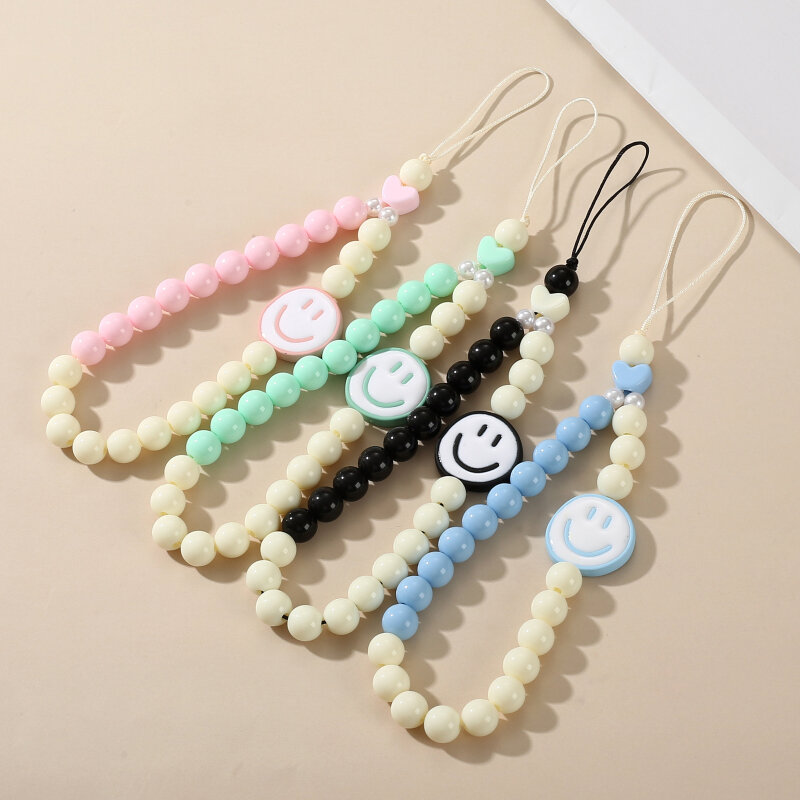 Sweet Acrylic Mobile Phone Chain Round Beaded Telephone Hanging Rope For Women Anti-Drop Phone Case Chain Lanyard Jewelry Gift