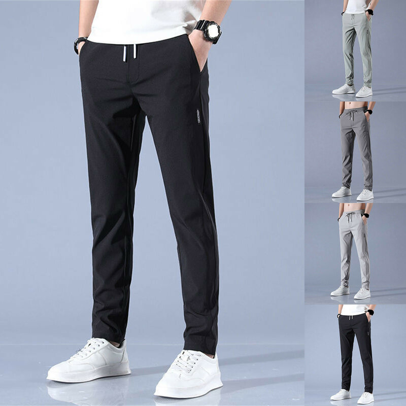 Ice Silk Men's Pants 2023 Summer New Black Gray Thin Business Casual Pants Outdoor Elastic Breathable Straight Leg Sweatpants