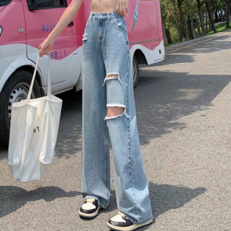 Jeans berlubang untuk wanita, celana jins tipis pinggang tinggi lebar musim panas 2022, celana kaki lurus kecil pas longgar