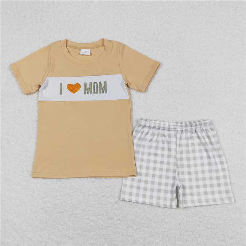 wholesale hot sale western boutique baby boys clothes Embroidered lettering teal short-sleeved colored plaid shorts outfits