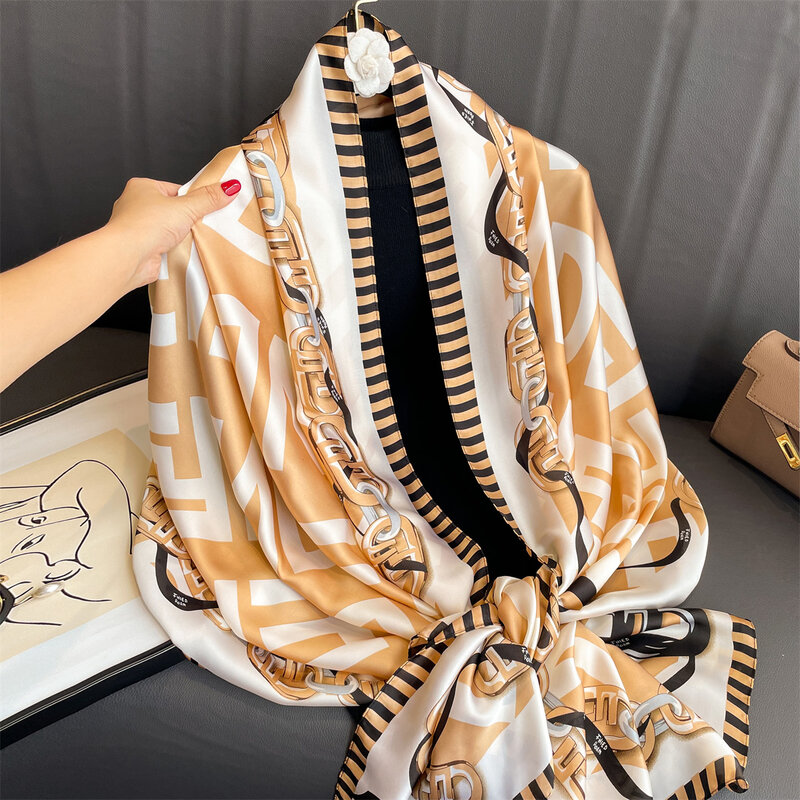 Lenços de seda macios de luxo para mulheres, Lady Wraps, geometria feminina estola de praia, silenciador bandana Foulard, xales 180x90cm, verão