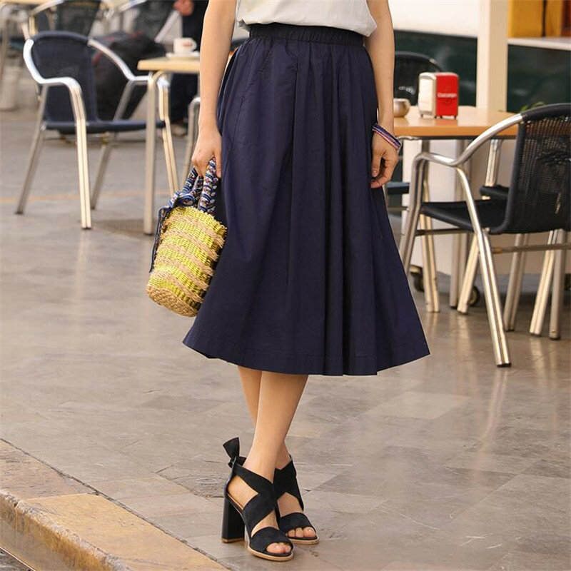 Cotton Linen Vintage Women clothing Bottoms 2024 Pure Women Casual Skirt for girl pleated Female skirts with pocket