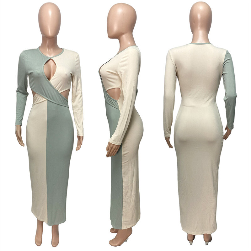 Женское трикотажное платье с вырезами, зимнее длинное платье в рубчик