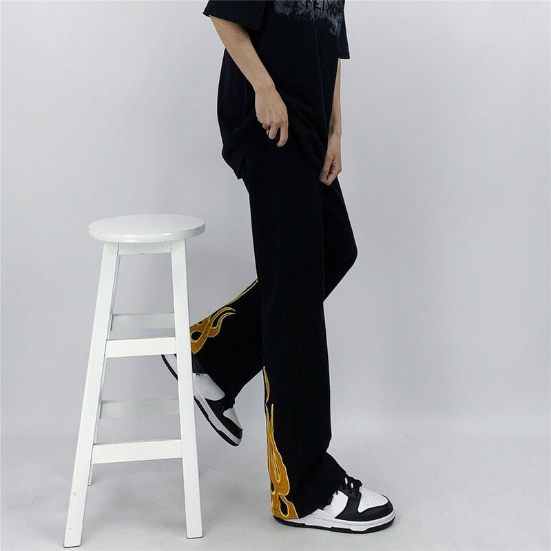 Alta rua hiphop flame print jean men denim y2k streetwear bordado solto perna larga calça retro sólido vintage