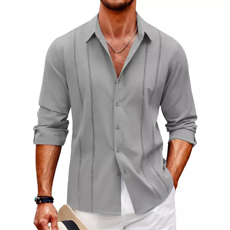 Camicia a maniche lunghe in pizzo casual nuova semplice camicia a maniche lunghe da uomo in tinta unita con bottoni in lino da spiaggia transfrontaliera