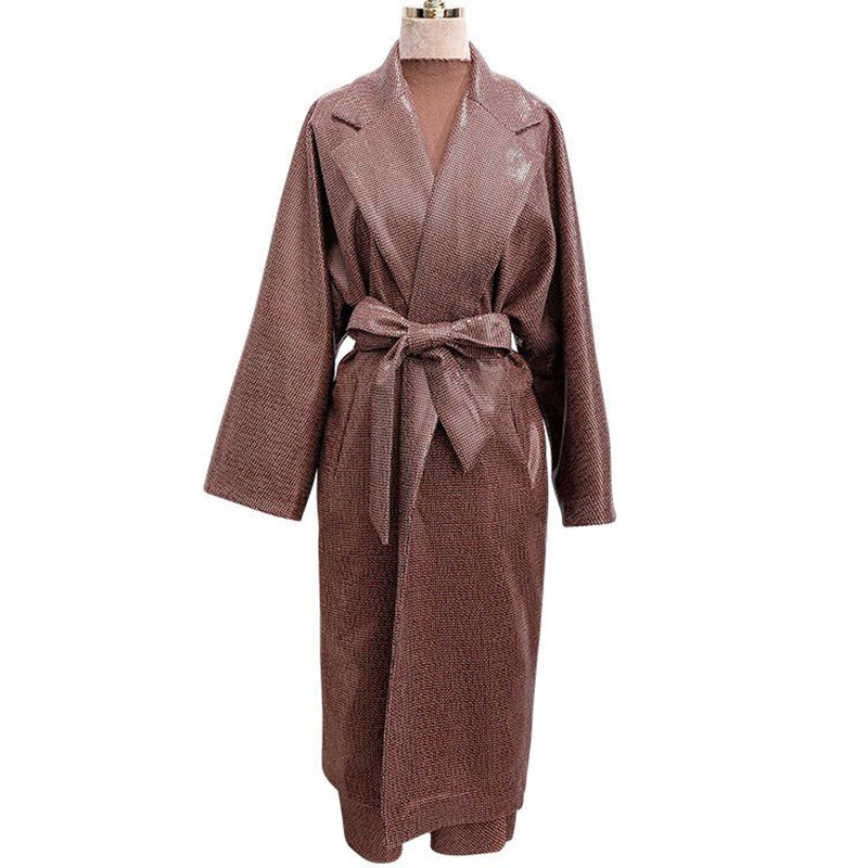 Conjunto de duas peças jaqueta de couro para mulheres, gola virada para baixo, casaco longo com bolsos, cintura com cordões, moda, outono e inverno, 2023