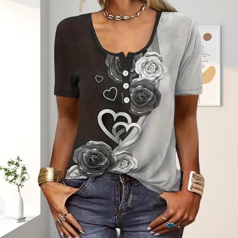Koszulka z nadrukiem w stylu etnicznym kwiatowy nadruk damski letnia koszulka kolekcja z okrągłym dekoltem z krótkim rękawem bluzki z dekoltem w szpic