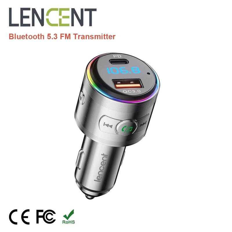 Lencent-Bluetooth 5.3 Transmissor FM, Adaptador para carro metálico completo com PD 20W e QC3.0 Carregador Rápido, Hi-Fi Música