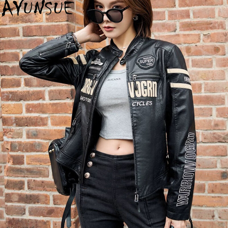 Ayunsue-女性用本革ジャケット,シープスキンジャケット,ショート,スリム,オートバイ