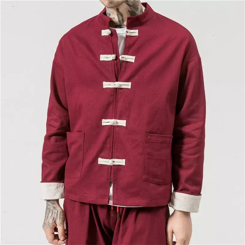 Terno Tang chinês tradicional masculino, casaco retrô tradicional, manga longa para outono, gola mandarim, jaqueta de fivela, camisa kung fu de algodão oriental