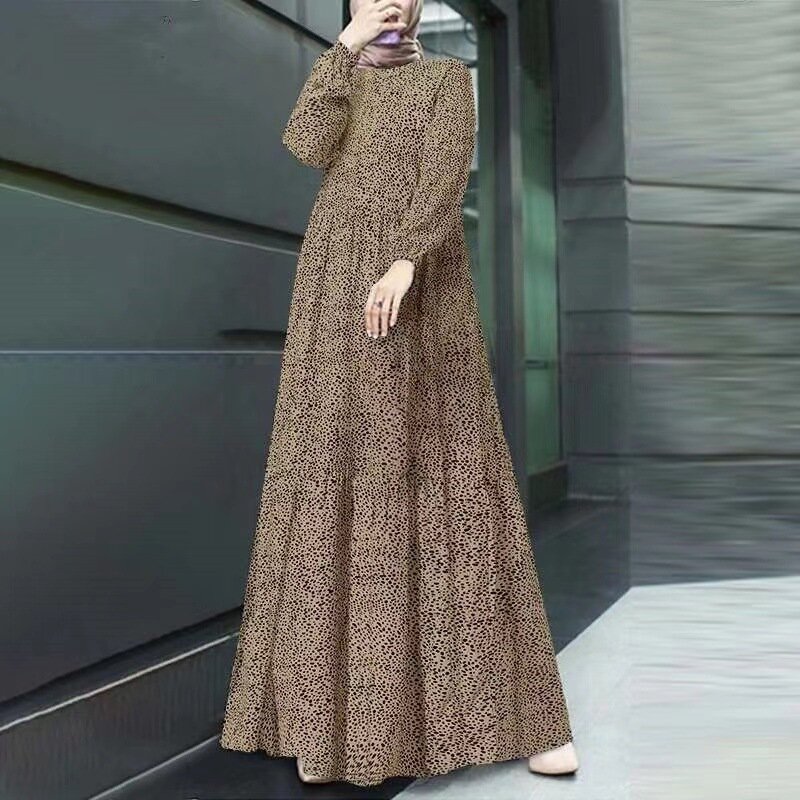 New Moroccan Middle Eastern Muslim Islamic Comfortable and Casual Polka Dot Long Sleeve Pullover Loose Waist Long Dress