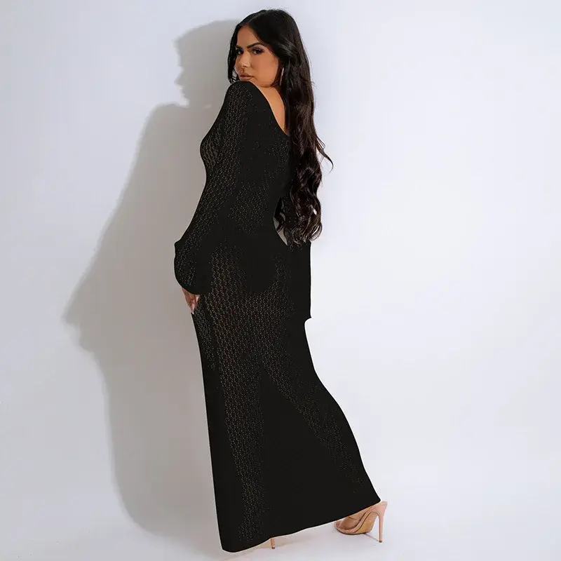 Женское длинное вязаное платье макси, элегантное вязаное крючком платье с длинным рукавом, Пляжное Платье для отдыха, платье для лета 2024