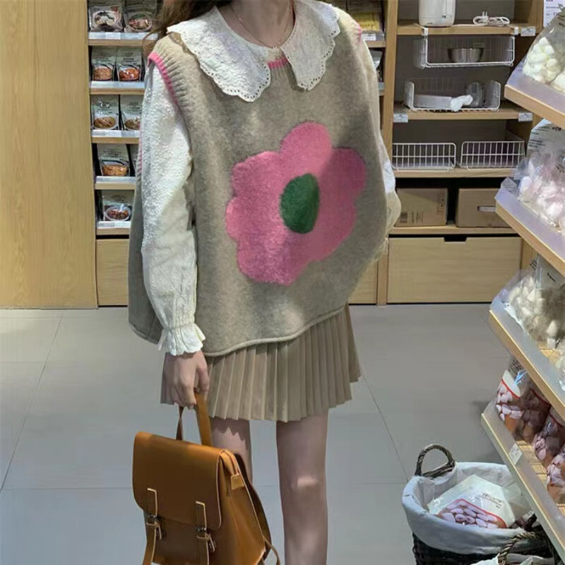 Bez rękawów kamizelka z dzianiny kobiety koreański styl luźny sweter sweter kamizelka wiosna na co dzień proste słodkie słodkie kobiety odzież 2023