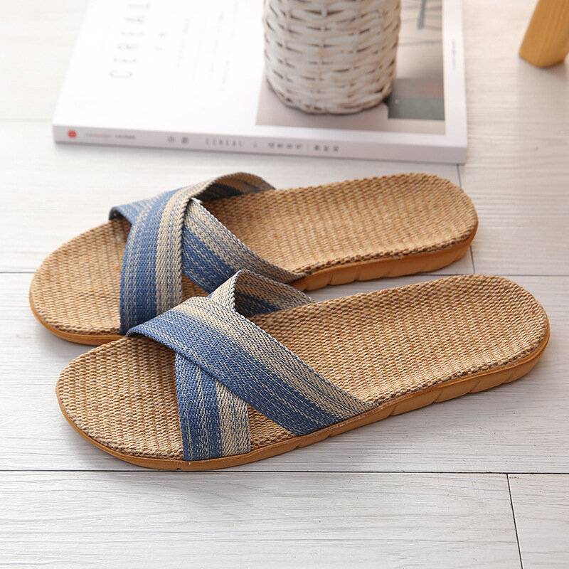 Zapatillas de lino informales para hombre, chanclas antideslizantes de varios estilos para el hogar, zapatos de interior, sandalias de verano