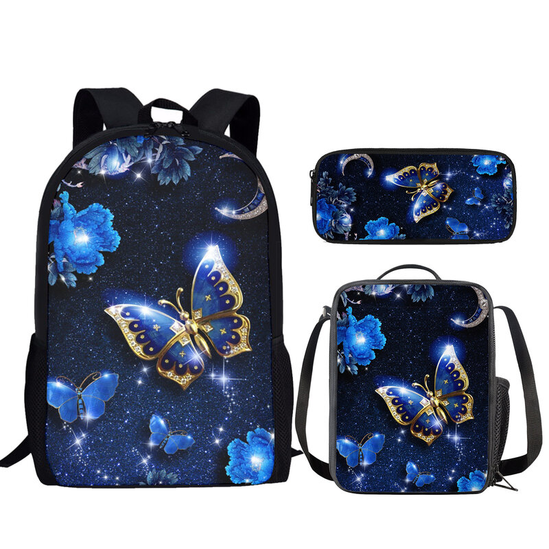 Belidome-Blue Butterfly Design School Bag Set para Meninos e Meninas Adolescentes, Mochila para Estudante, Bookbag, 3Pcs