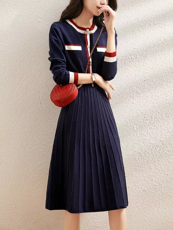 Autumn and Winter Waist Slimming Cover Belly Navy Blue Mid-length Bottoming Skirt 2022 New Small Fragrant Knitted Dress  A-LINE