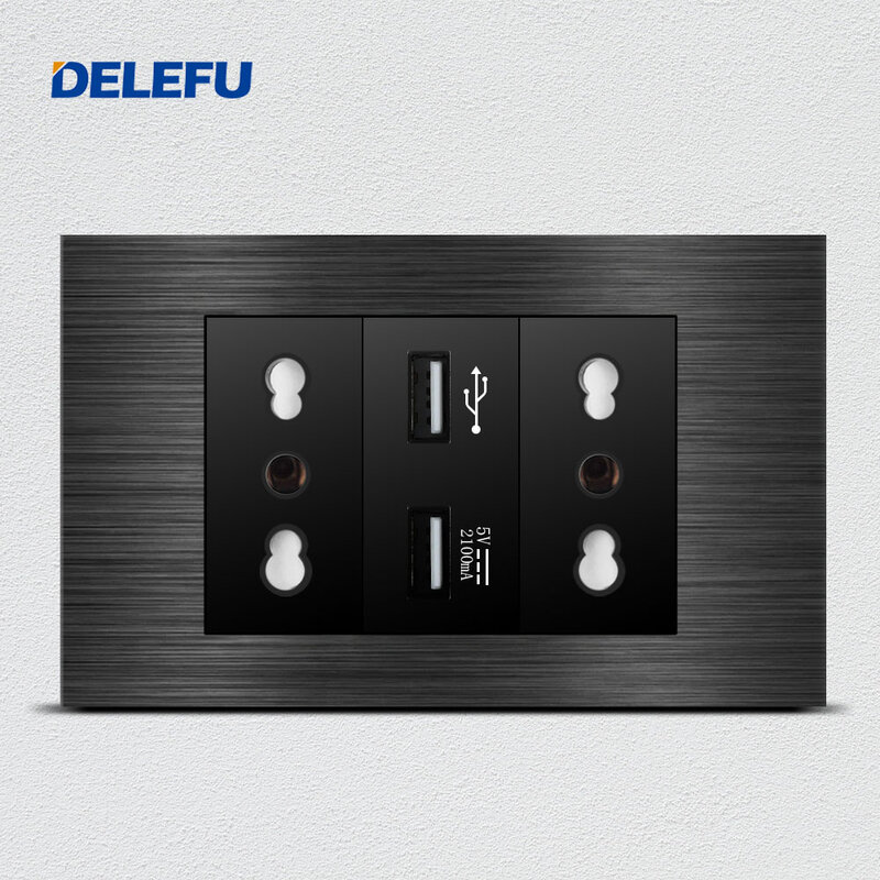 DELEFU-cable de aluminio negro USb tipo C, enchufe estándar de EE. UU., Italia, 118x72mm, toma de corriente de pared, contactos de interruptor de luz
