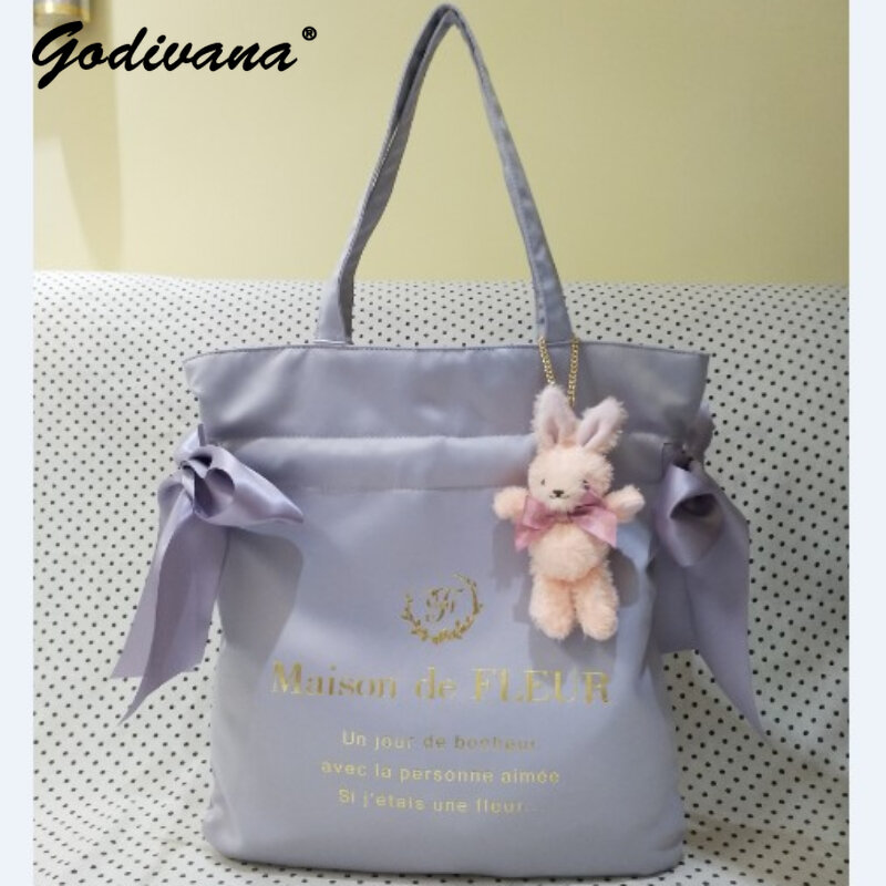 Japanese Style New Satin Ribbon Drawstring Double Bow Portable Shoulder Bag for Women Sweet Large Capacity Handbags