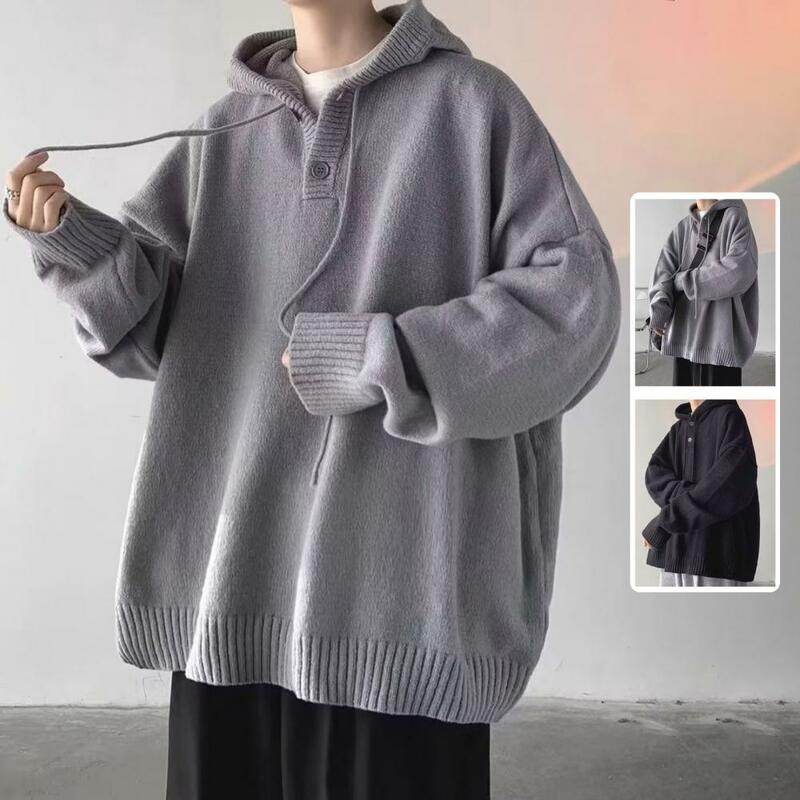 Sweater berkerudung pria, Luaran lembut elastis tinggi untuk musim gugur dan dingin longgar pas badan Pullover dengan polos untuk lelaki